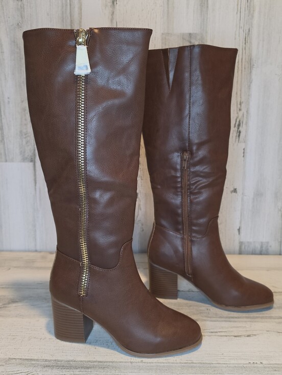 Sugar Shoes - Sugar Women’s Size 7M Brown Knee High Boots Block Heel Gold Zipper Riding